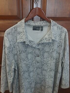 Attitudes by Renee Black and White Snake-Print Collared Blouse